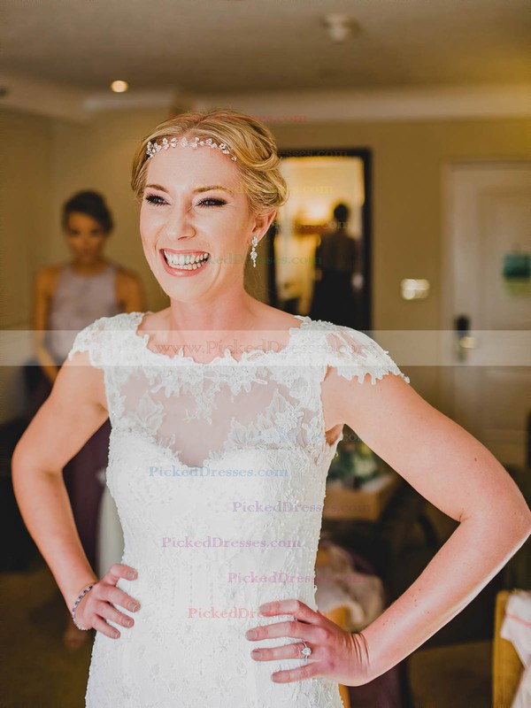 Perfect Sheath/Column Scoop Neck Lace Tulle Appliques Lace Sweep Train Cap Straps Wedding Dresses #PDS00022796