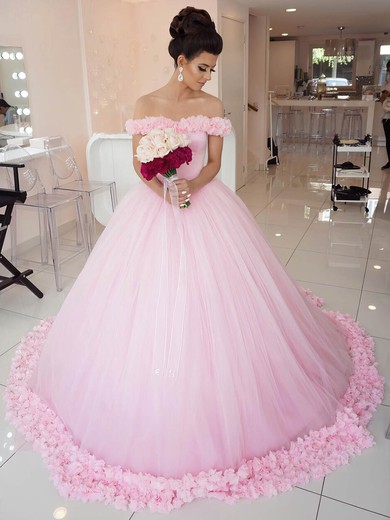 Ball Gown Off-the-shoulder Pink Tulle Appliques Lace Court Train Glamorous Wedding Dresses #PDS00022798