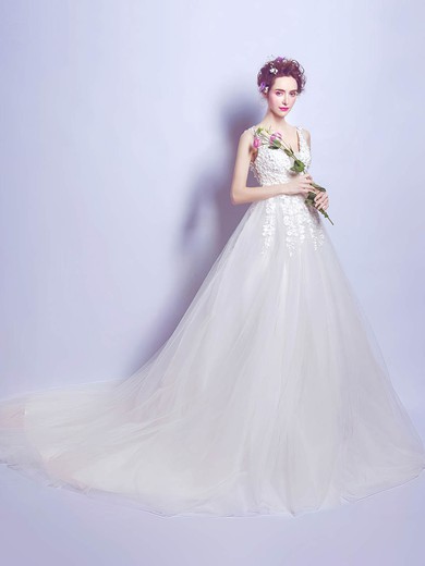 Beautiful Ball Gown V-neck Ivory Tulle with Appliques Lace Chapel Train Wedding Dresses #PDS00022799