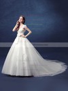 Fabulous Ball Gown V-neck Tulle with Appliques Lace Court Train Backless Wedding Dresses #PDS00022800