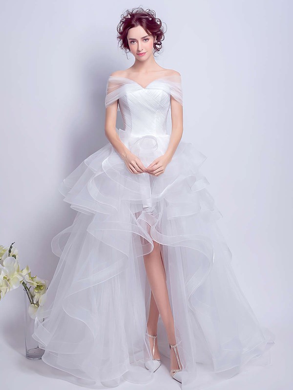 Princess Off-the-shoulder White Organza Tiered Asymmetrical Different Wedding Dresses #PDS00022801