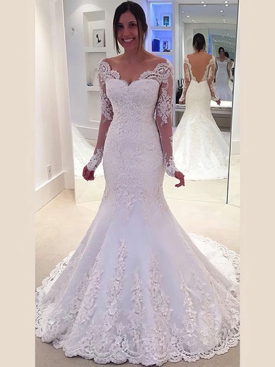 Modest Trumpet/Mermaid Off-the-shoulder Tulle Appliques Lace Sweep Train Long Sleeve Wedding Dresses #PDS00022803
