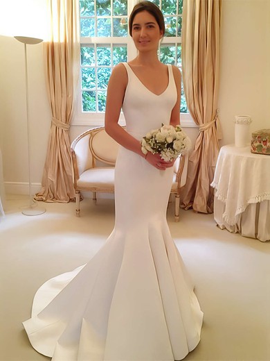 Trumpet/Mermaid V-neck Satin with Bow Sweep Train Backless Simple Wedding Dresses #PDS00022805