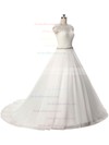 Ball Gown Scalloped Neck Tulle Sashes / Ribbons Sweep Train Graceful Wedding Dresses #PDS00022806