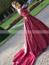Classy Ball Gown Off-the-shoulder Burgundy Satin Tulle Appliques Lace Watteau Train Long Sleeve Wedding Dresses #PDS00022807