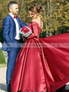 Classy Ball Gown Off-the-shoulder Burgundy Satin Tulle Appliques Lace Watteau Train Long Sleeve Wedding Dresses #PDS00022807