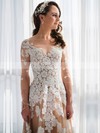 New A-line Scoop Neck Champagne Tulle Appliques Lace Floor-length Long Sleeve Wedding Dresses #PDS00022808
