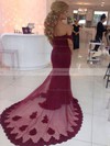 Trumpet/Mermaid Off-the-shoulder Burgundy Tulle Appliques Lace Court Train Sexy Wedding Dresses #PDS00022809