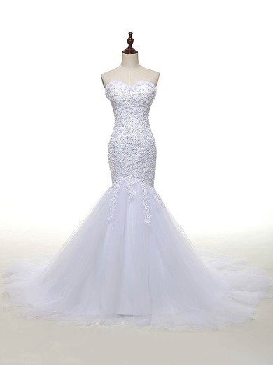 Custom Trumpet/Mermaid Sweetheart White Tulle Appliques Lace Court Train Wedding Dresses #PDS00022810