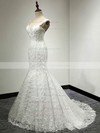 Trumpet/Mermaid V-neck Ivory Lace with Appliques Lace Sweep Train Classic Wedding Dresses #PDS00022811