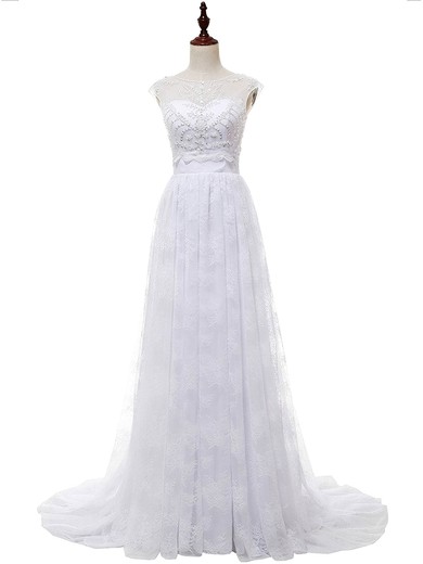 A-line Sweetheart Lace Chiffon with Appliques Lace Sweep Train Affordable Wedding Dresses #PDS00022813