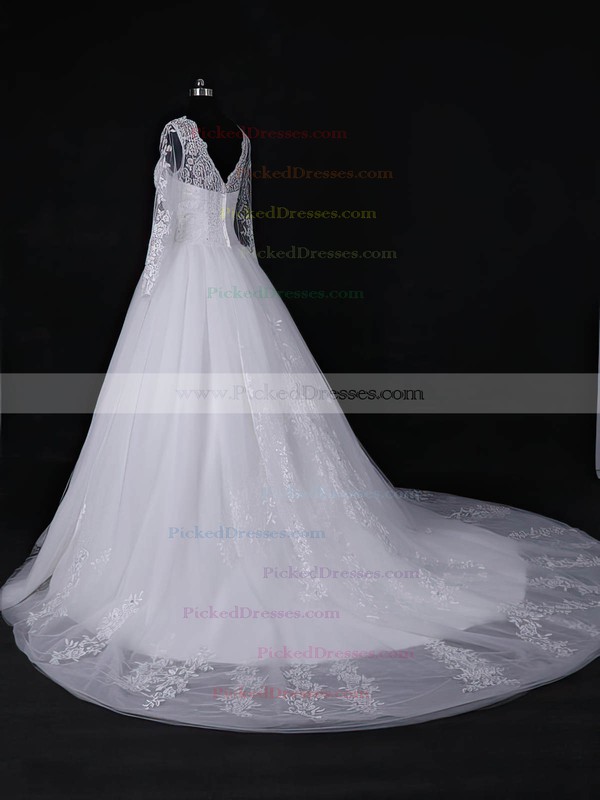 Ball Gown Scoop Neck White Tulle Appliques Lace Court Train Long Sleeve Discounted Wedding Dresses #PDS00022818