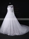 Ball Gown Scoop Neck White Tulle Appliques Lace Court Train Long Sleeve Discounted Wedding Dresses #PDS00022818
