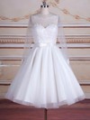 Trendy A-line Scoop Neck Tulle Appliques Lace Knee-length Long Sleeve Backless Wedding Dresses #PDS00022824