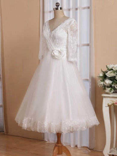 A-line V-neck Tulle with Flower(s) Tea-length 3/4 Sleeve Cheap Wedding Dresses #PDS00022826