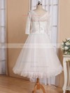 A-line V-neck Tulle with Flower(s) Tea-length 3/4 Sleeve Cheap Wedding Dresses #PDS00022826