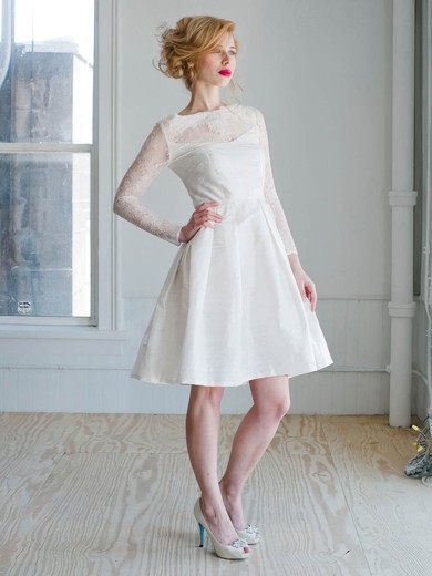 Modern A-line Scoop Neck Lace Satin Appliques Lace Short/Mini Long Sleeve Wedding Dresses #PDS00022827