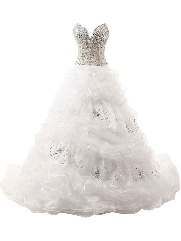 Beautiful Ball Gown V-neck Organza with Beading Court Train Lace-up Wedding Dresses #PDS00022832