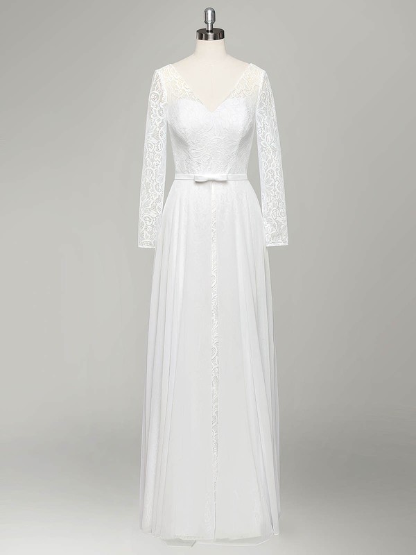 A-line V-neck Lace Chiffon Sashes / Ribbons Floor-length Long Sleeve Cheap Wedding Dresses #PDS00022834