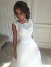 Sweet A-line Scoop Neck Tulle with Appliques Lace Sweep Train Backless Wedding Dresses #PDS00022835