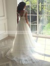 Sweet A-line Scoop Neck Tulle with Appliques Lace Sweep Train Backless Wedding Dresses #PDS00022835