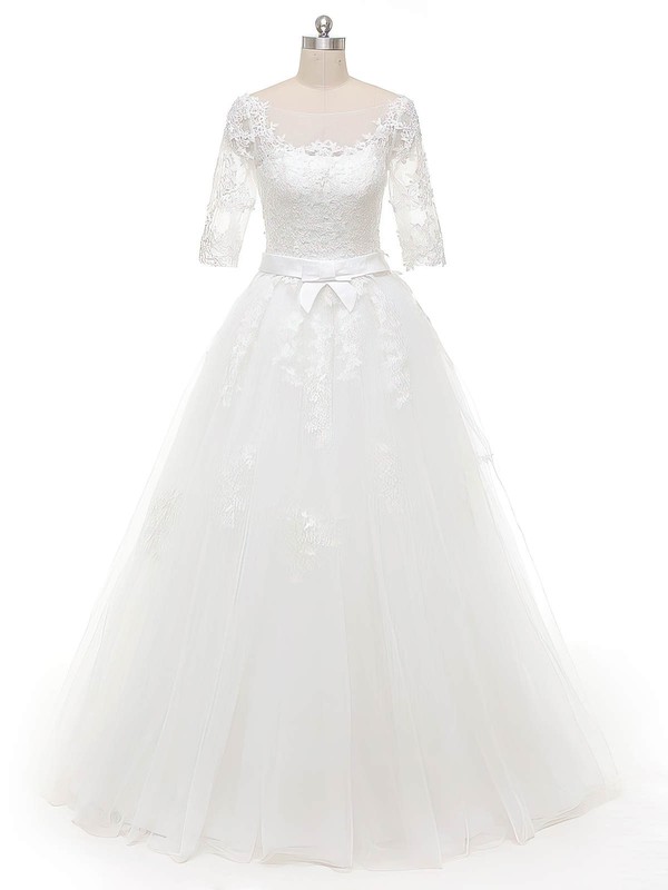Original Ball Gown Scoop Neck White Tulle Appliques Lace Floor-length 1/2 Sleeve Wedding Dresses #PDS00022844