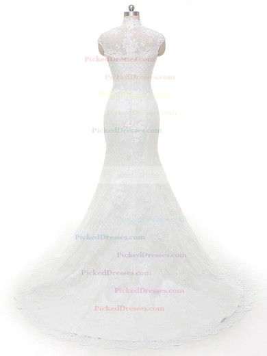 Trumpet/Mermaid High Neck Tulle with Appliques Lace Sweep Train Famous Wedding Dresses #PDS00022846