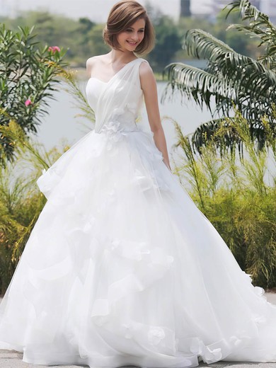 Ball Gown One Shoulder Tulle with Flower(s) Sweep Train Glamorous Wedding Dresses #PDS00022850
