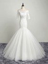 Elegant Trumpet/Mermaid Off-the-shoulder Tulle Appliques Lace Sweep Train 1/2 Sleeve Open Back Wedding Dresses #PDS00022853