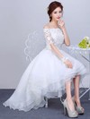 Pretty A-line Off-the-shoulder Organza Tulle Appliques Lace Asymmetrical 1/2 Sleeve High Low Wedding Dresses #PDS00022857