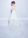 A-line V-neck Organza Tulle Appliques Lace Asymmetrical Short Sleeve High Low Sweet Wedding Dresses #PDS00022858