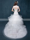 Fabulous Trumpet/Mermaid Scoop Neck Organza Tulle Appliques Lace Court Train Open Back Wedding Dresses #PDS00022860