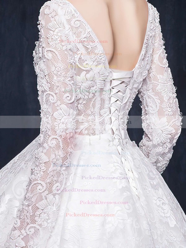 A-line Scoop Neck Lace Beading Asymmetrical Long Sleeve High Low Different Wedding Dresses #PDS00022863