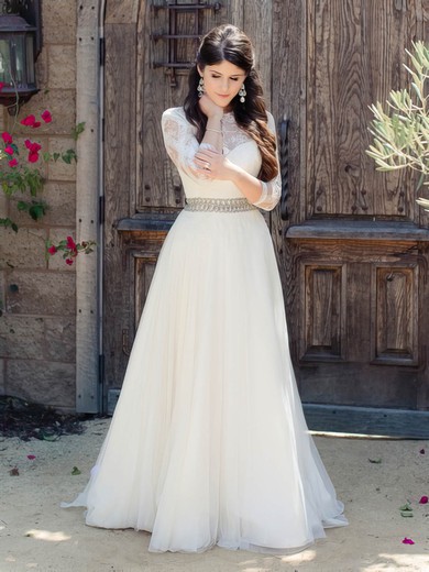 A-line Scoop Neck Tulle Appliques Lace Floor-length 3/4 Sleeve Beautiful Wedding Dresses #PDS00022865