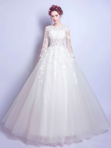 Famous Ball Gown Scoop Neck Tulle Appliques Lace Floor-length Long Sleeve Wedding Dresses #PDS00022872
