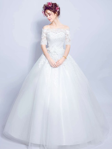 Sweet Ball Gown Off-the-shoulder Tulle Appliques Lace Floor-length 1/2 Sleeve Wedding Dresses #PDS00022873