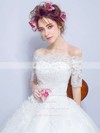 Sweet Ball Gown Off-the-shoulder Tulle Appliques Lace Floor-length 1/2 Sleeve Wedding Dresses #PDS00022873