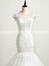 Trumpet/Mermaid Scoop Neck Tulle with Appliques Lace Sweep Train Affordable Wedding Dresses #PDS00022874