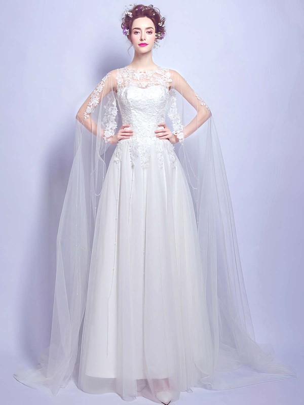 A-line Scoop Neck Tulle with Appliques Lace Floor-length Fabulous Wedding Dresses #PDS00022875