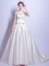 Noble Ball Gown Scoop Neck Satin Tulle Appliques Lace Court Train Long Sleeve Wedding Dresses #PDS00022879