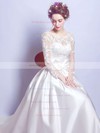 Noble Ball Gown Scoop Neck Satin Tulle Appliques Lace Court Train Long Sleeve Wedding Dresses #PDS00022879