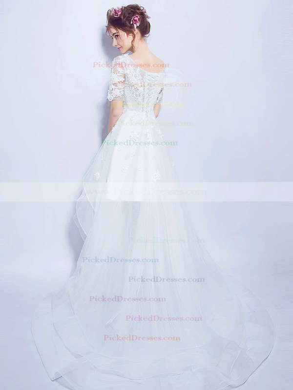 Unique A-line Scoop Neck Organza Tulle Appliques Lace Asymmetrical 1/2 Sleeve High Low Wedding Dresses #PDS00022880