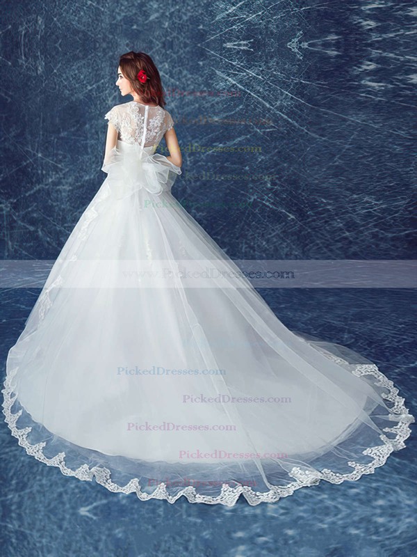 Ball Gown V-neck Tulle Appliques Lace Court Train Cap Straps Beautiful Wedding Dresses #PDS00022883