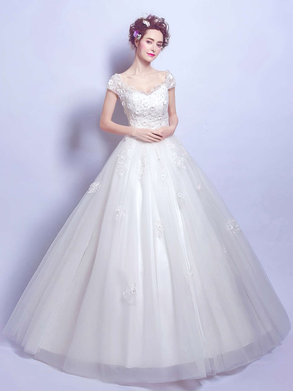 Perfect Ball Gown V-neck Tulle Appliques Lace Floor-length Short Sleeve Wedding Dresses #PDS00022884