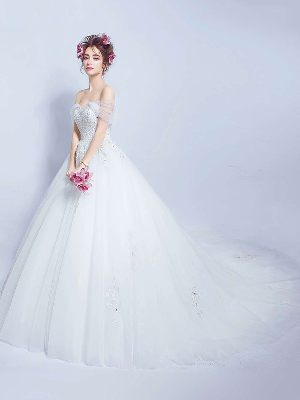 Glamorous Ball Gown Off-the-shoulder Tulle with Beading Court Train Backless Wedding Dresses #PDS00022888