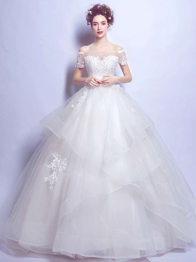 Sweet Ball Gown Off-the-shoulder Organza Tulle Pearl Detailing Floor-length Short Sleeve Wedding Dresses #PDS00022889