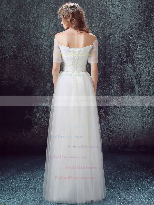 Famous A-line Off-the-shoulder Tulle with Ruffles Floor-length Short Sleeve Wedding Dresses #PDS00022890