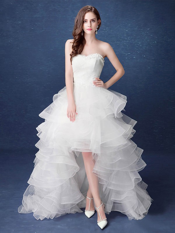 A-line Sweetheart Organza with Tiered Asymmetrical High Low Exclusive Wedding Dresses #PDS00022892