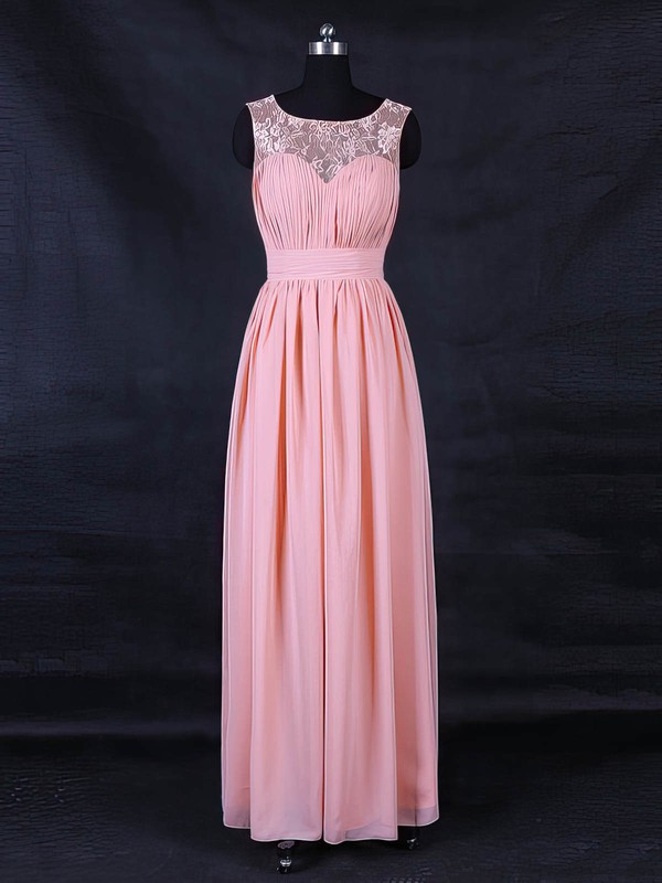 A-line Scoop Neck Floor-length Lace Chiffon with Ruffles Bridesmaid Dresses #PDS01013123