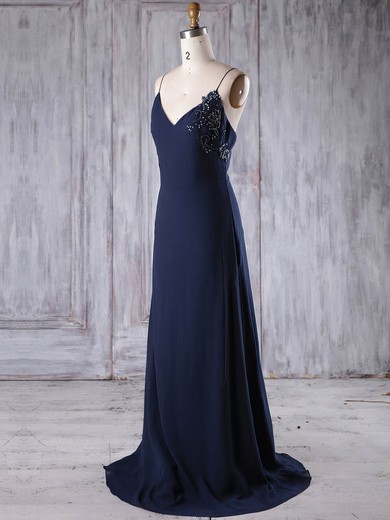 A-line V-neck Sweep Train Chiffon with Appliques Lace Bridesmaid Dresses #PDS01013173